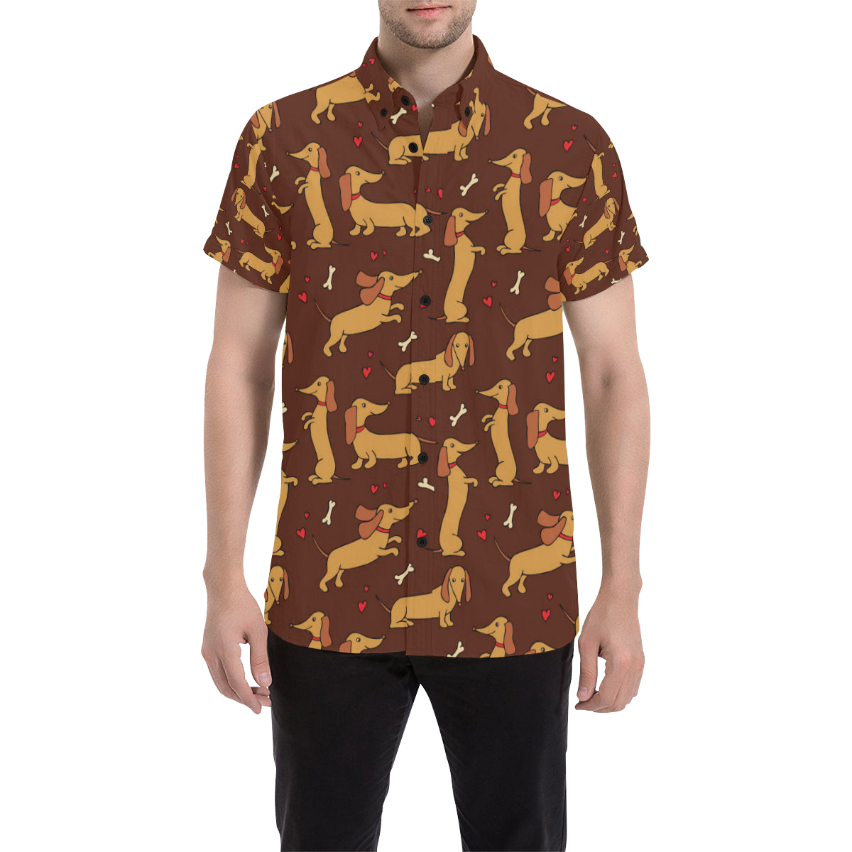 Dachshund Happy Print Pattern Men's Short Sleeve Button Up Shirt