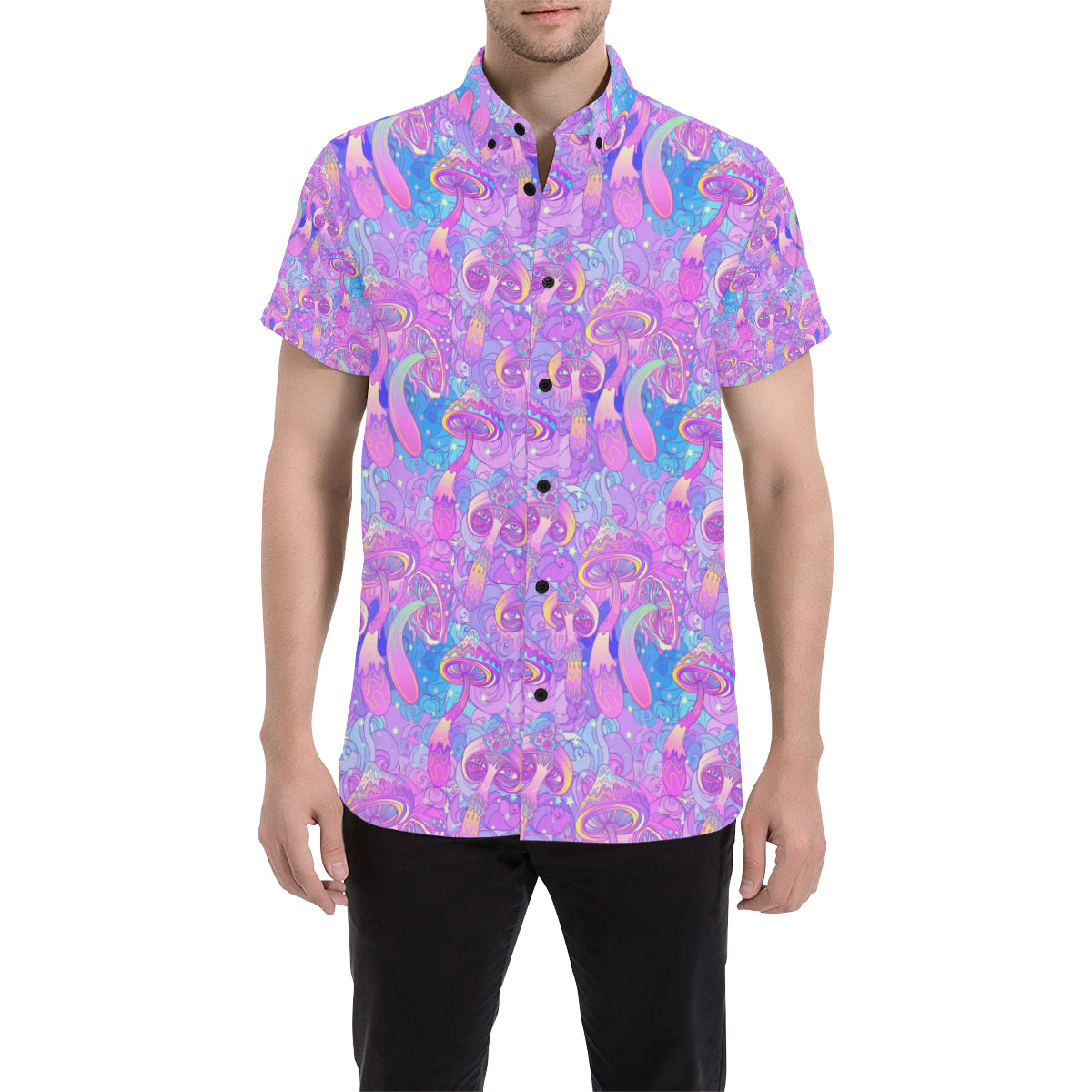 Psychedelic Trippy Mushroom Print Men's Short Sleeve Button Up Shirt