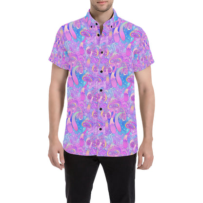 Psychedelic Trippy Mushroom Print Men's Short Sleeve Button Up Shirt