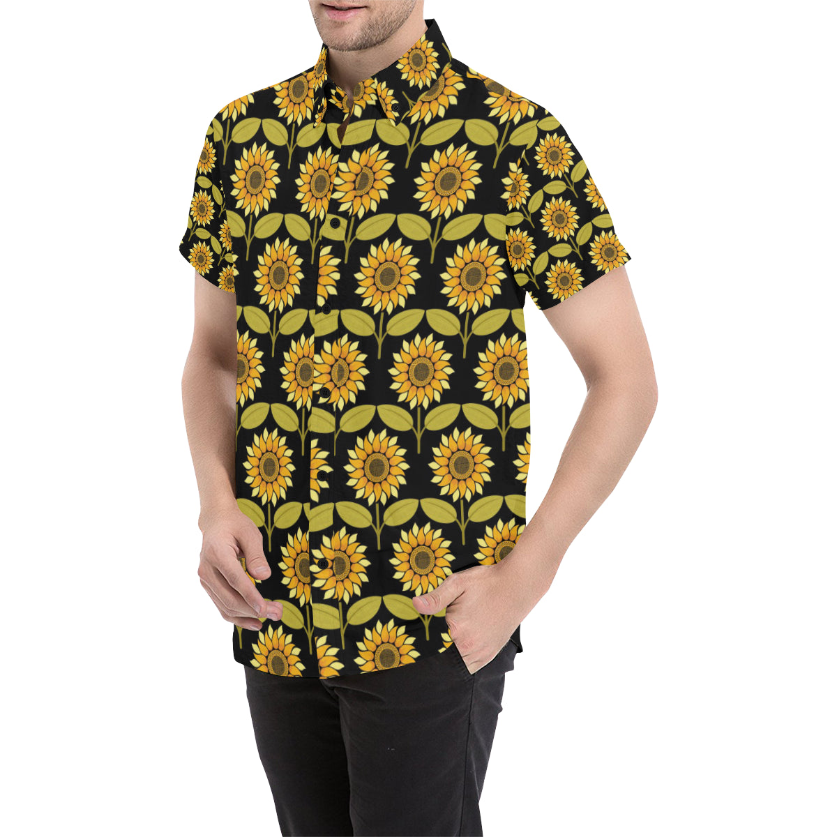 Sunflower Pattern Print Design SF015 Men's Short Sleeve Button Up Shirt