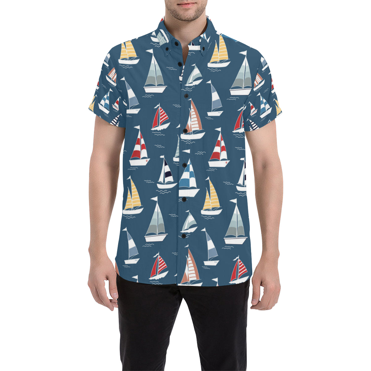 Sailing Ships Pattern Print Design A04 Men's Short Sleeve Button Up Shirt