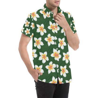 White Plumeria Pattern Print Design PM020 Men's Short Sleeve Button Up Shirt