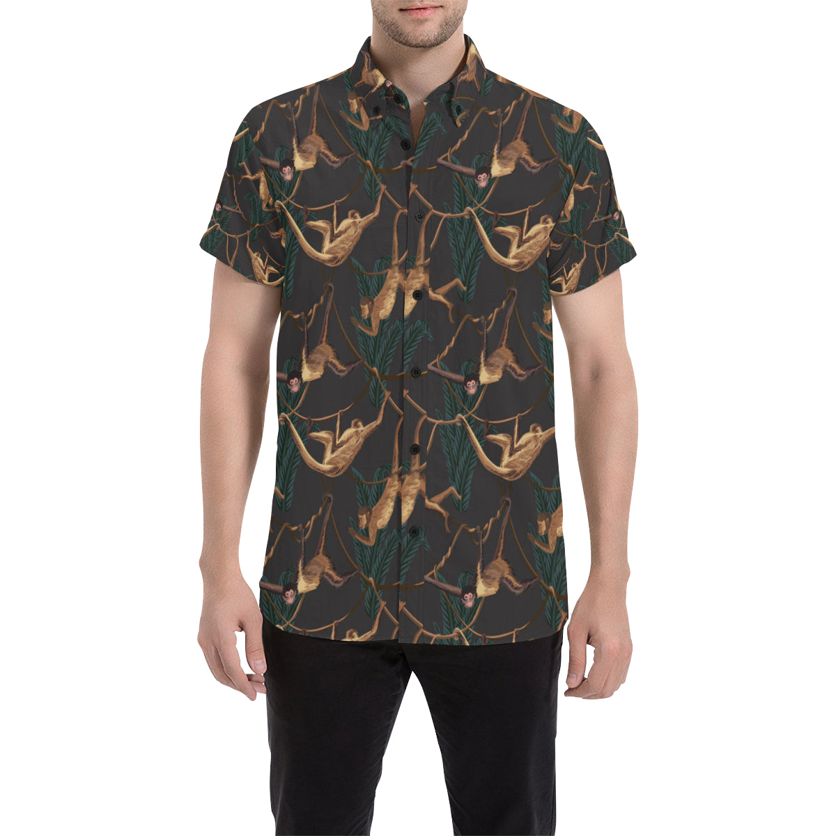 Monkey Pattern Print Design 02 Men's Short Sleeve Button Up Shirt