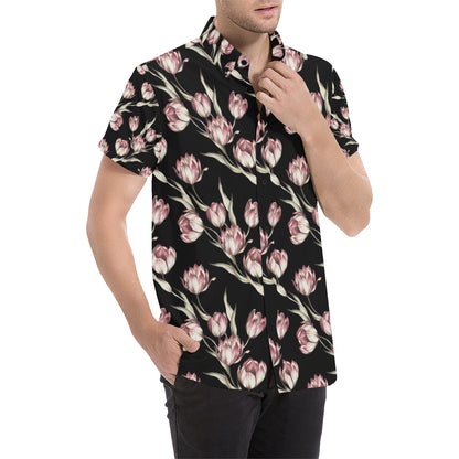 Tulip Pink Pattern Print Design TP02 Men's Short Sleeve Button Up Shirt