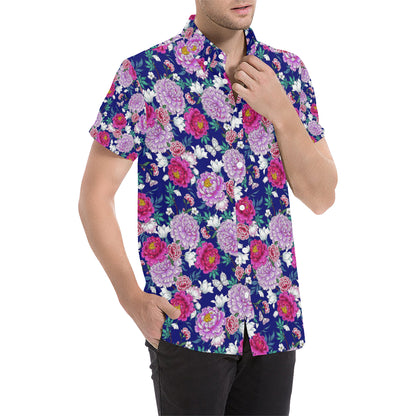 Dahlia Pattern Print Design DH013 Men's Short Sleeve Button Up Shirt