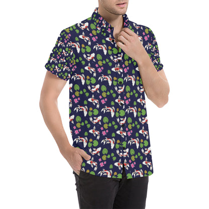 Koi Carp Pattern Design Themed Print Men's Short Sleeve Button Up Shirt