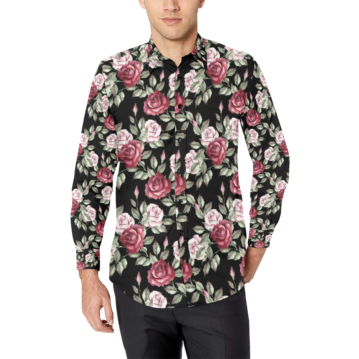 Rose Red Pink Pattern Print Design RO03 Men's Long Sleeve Shirt
