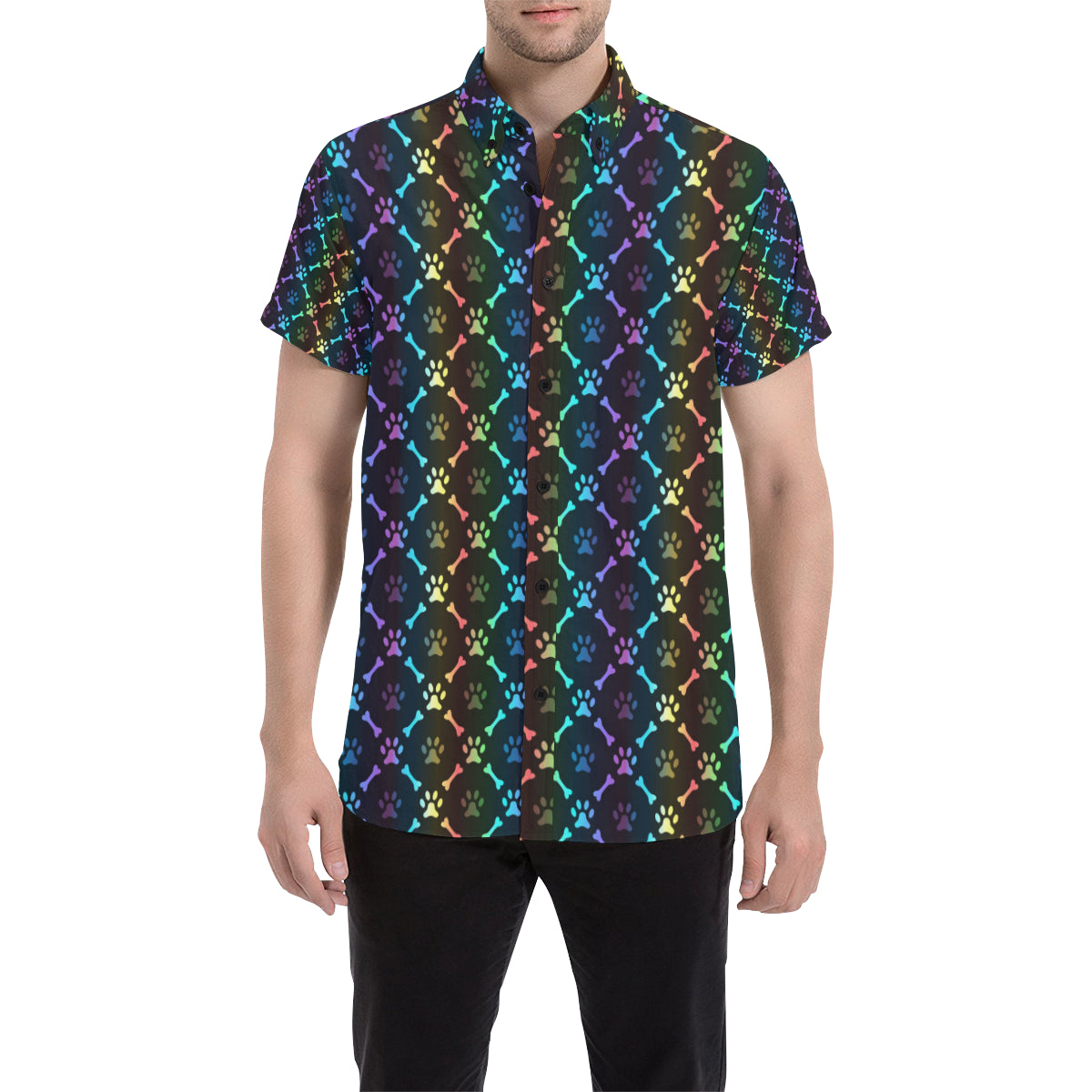 Paw Rainbow Print Men's Short Sleeve Button Up Shirt