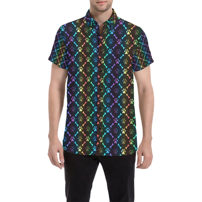 Paw Rainbow Print Men's Short Sleeve Button Up Shirt
