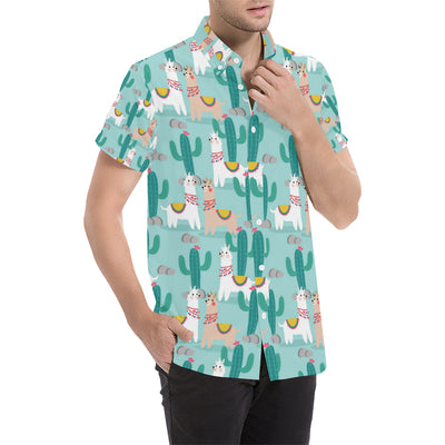 Llama Cactus Pattern Print Design 08 Men's Short Sleeve Button Up Shirt