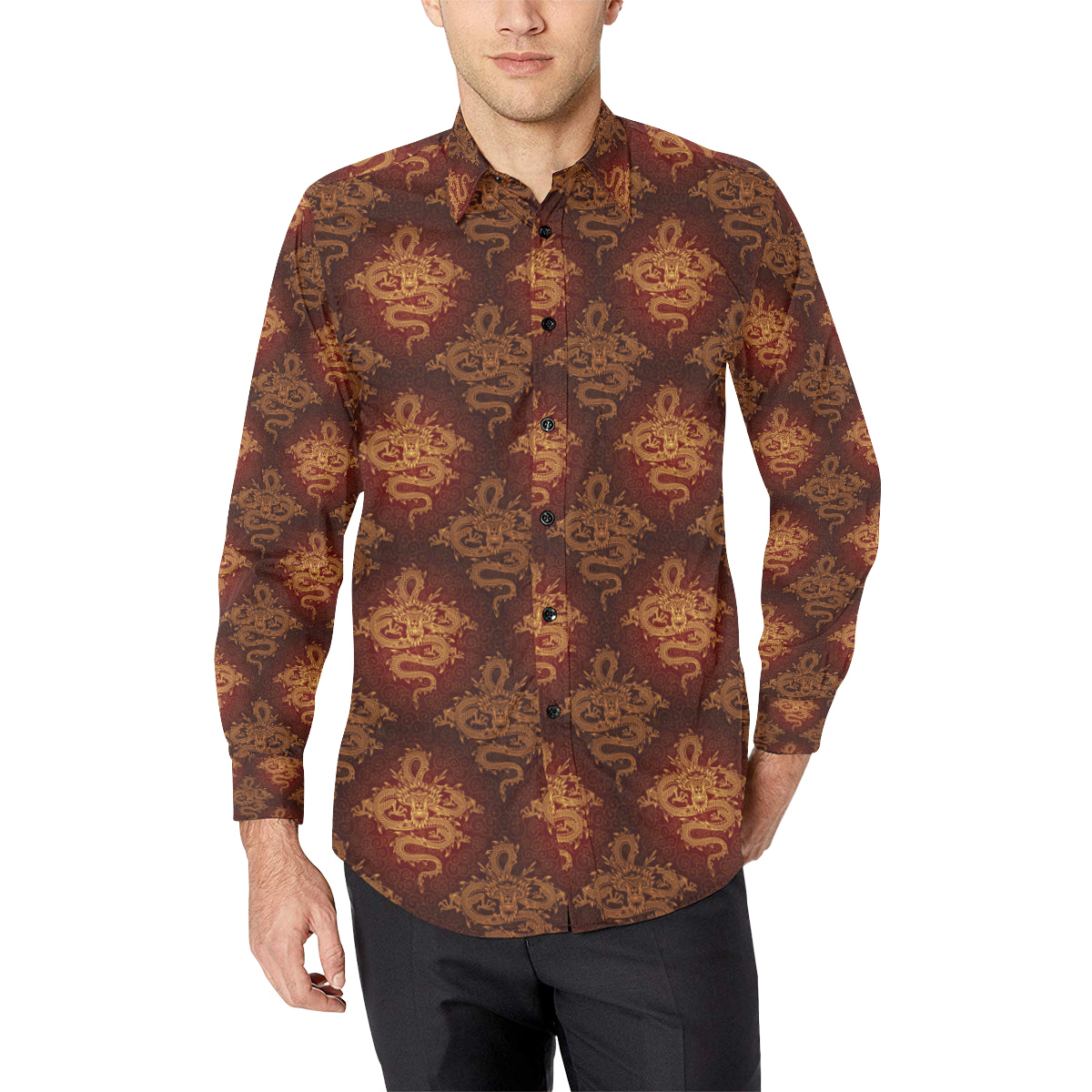 Chinese Dragons Gold Design Men's Long Sleeve Shirt