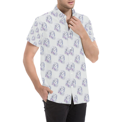 Wolf with Flower Print Design Men's Short Sleeve Button Up Shirt