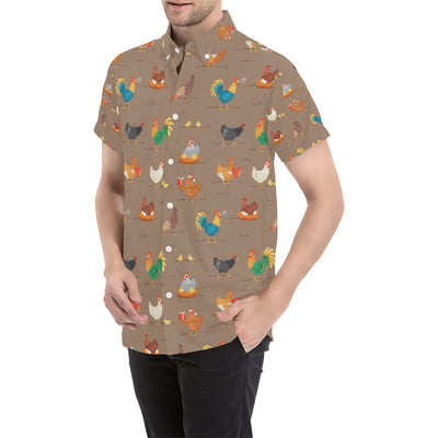 Chicken Happy Print Pattern Men's Short Sleeve Button Up Shirt