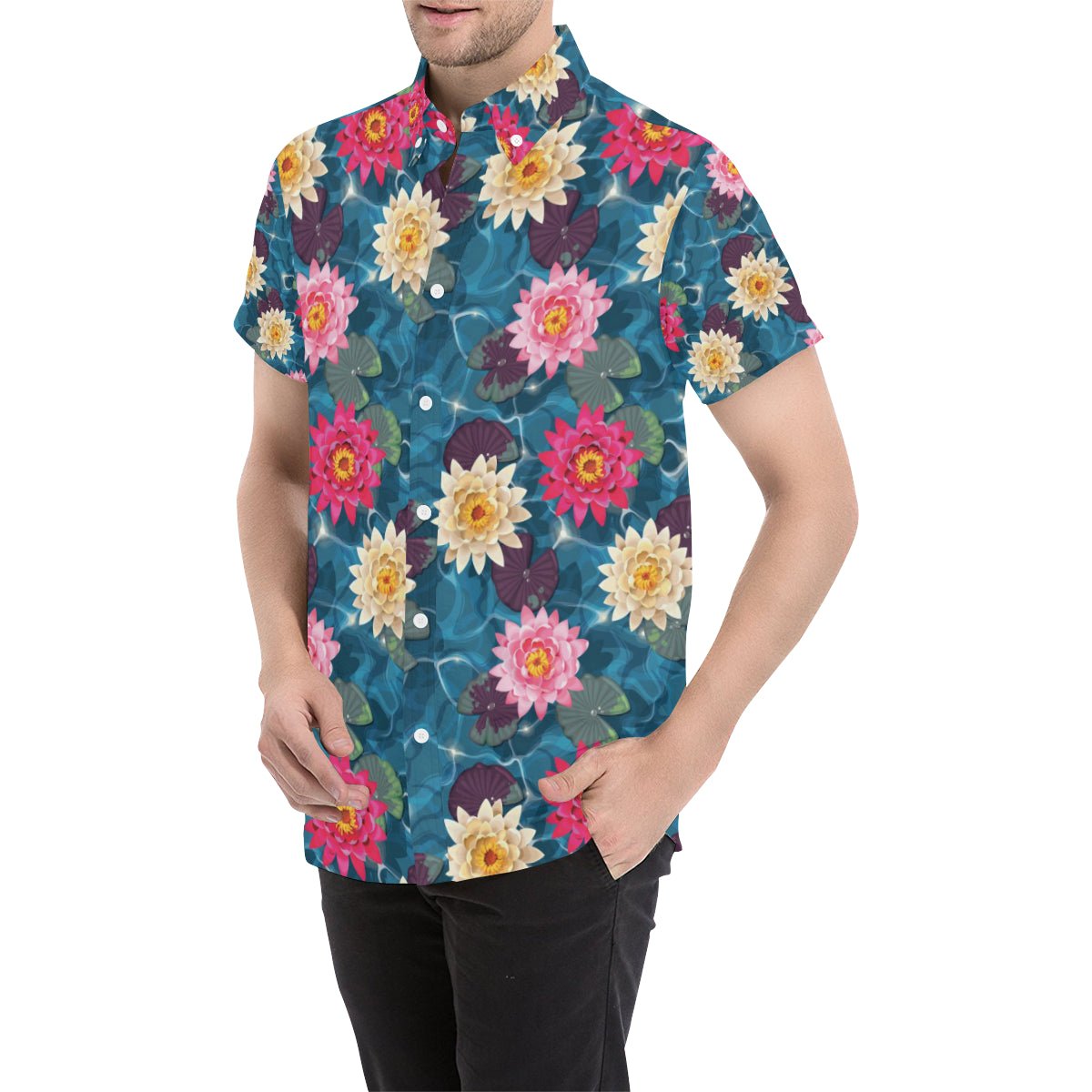 Water Lily Pattern Print Design WL05 Men's Short Sleeve Button Up Shirt