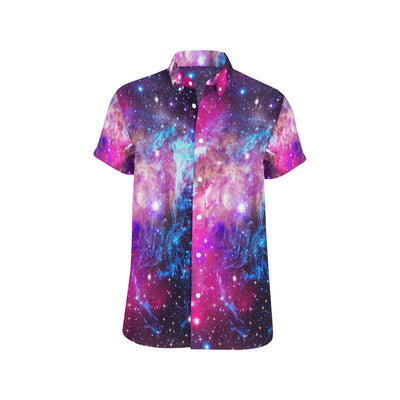 Galaxy Night Purple Space Print Men's Short Sleeve Button Up Shirt