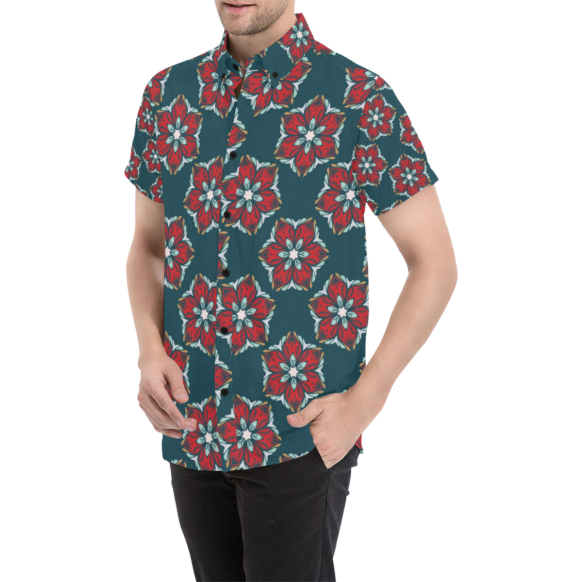 Poinsettia Pattern Print Design A03 Men's Short Sleeve Button Up Shirt