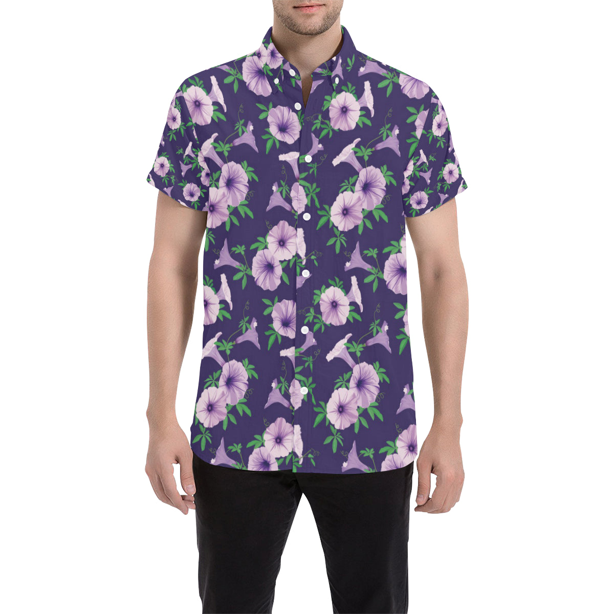Morning Glory Pattern Print Design MG01 Men's Short Sleeve Button Up Shirt