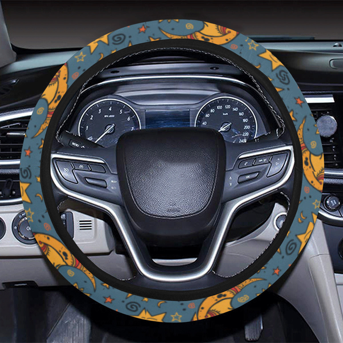 Celestial Moon Sun Pattern Print Design 02 Steering Wheel Cover with Elastic Edge