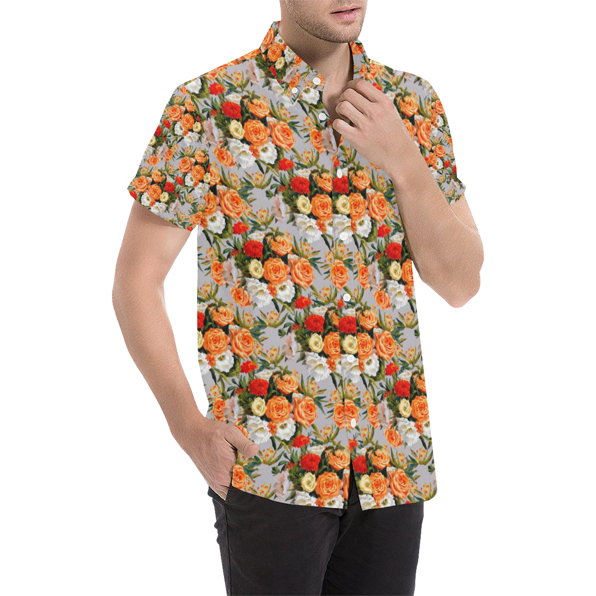 Lisianthus Pattern Print Design LT04 Men's Short Sleeve Button Up Shirt