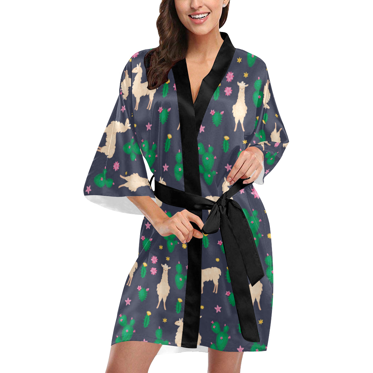 Llama Cactus Pattern Print Design 012 Women's Short Kimono
