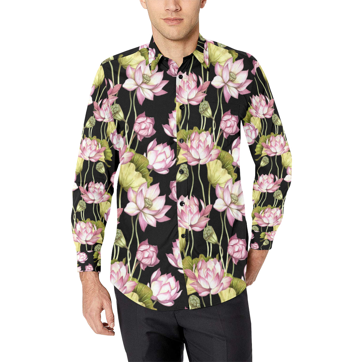 Water Lily Pattern Print Design WL06 Men's Long Sleeve Shirt