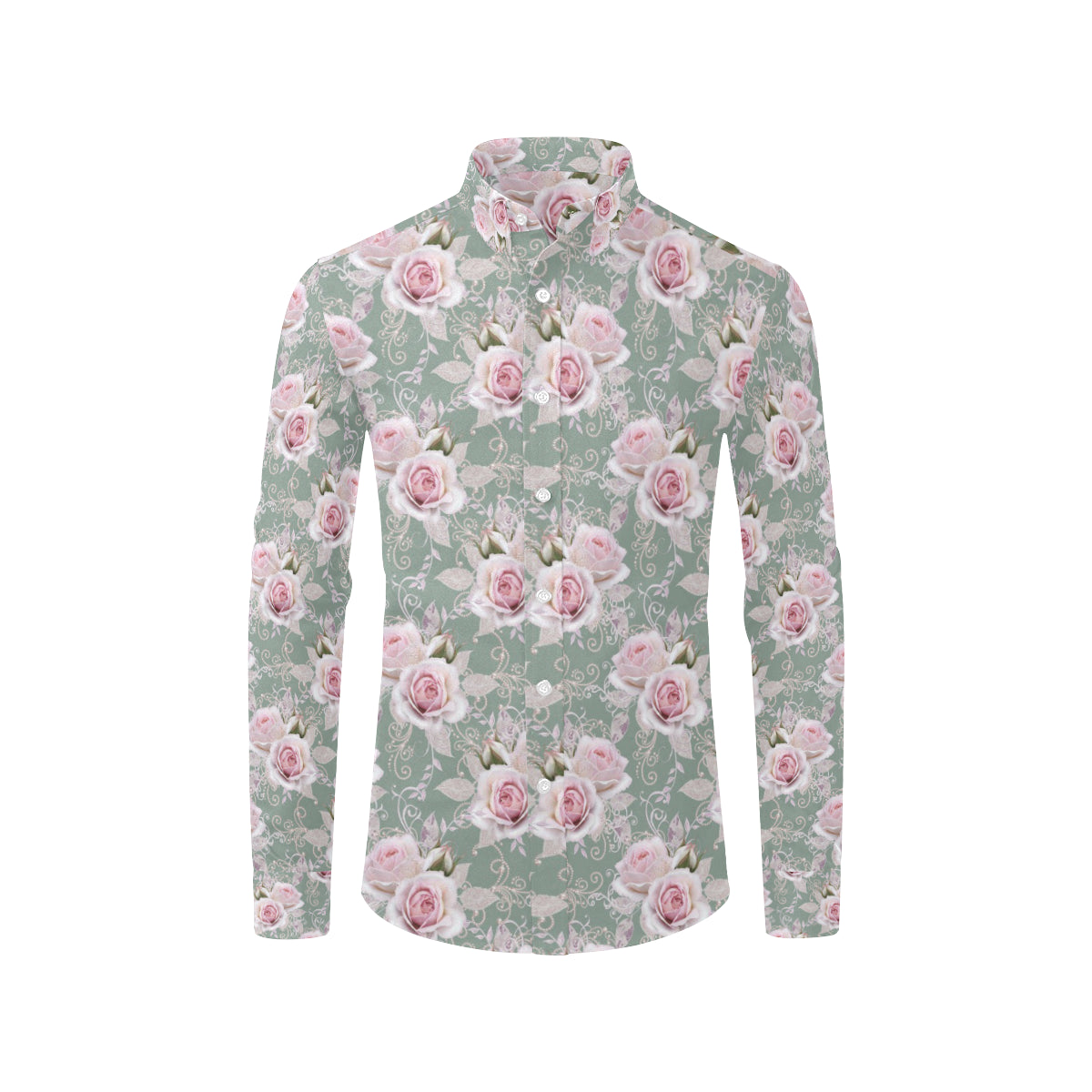 Rose White Pattern Print Design RO012 Men's Long Sleeve Shirt