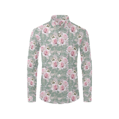 Rose White Pattern Print Design RO012 Men's Long Sleeve Shirt