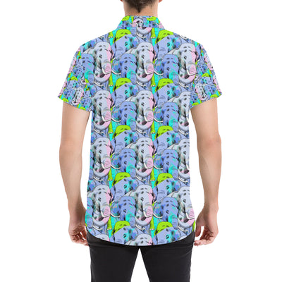 Elephant Art color Print Pattern Men's Short Sleeve Button Up Shirt