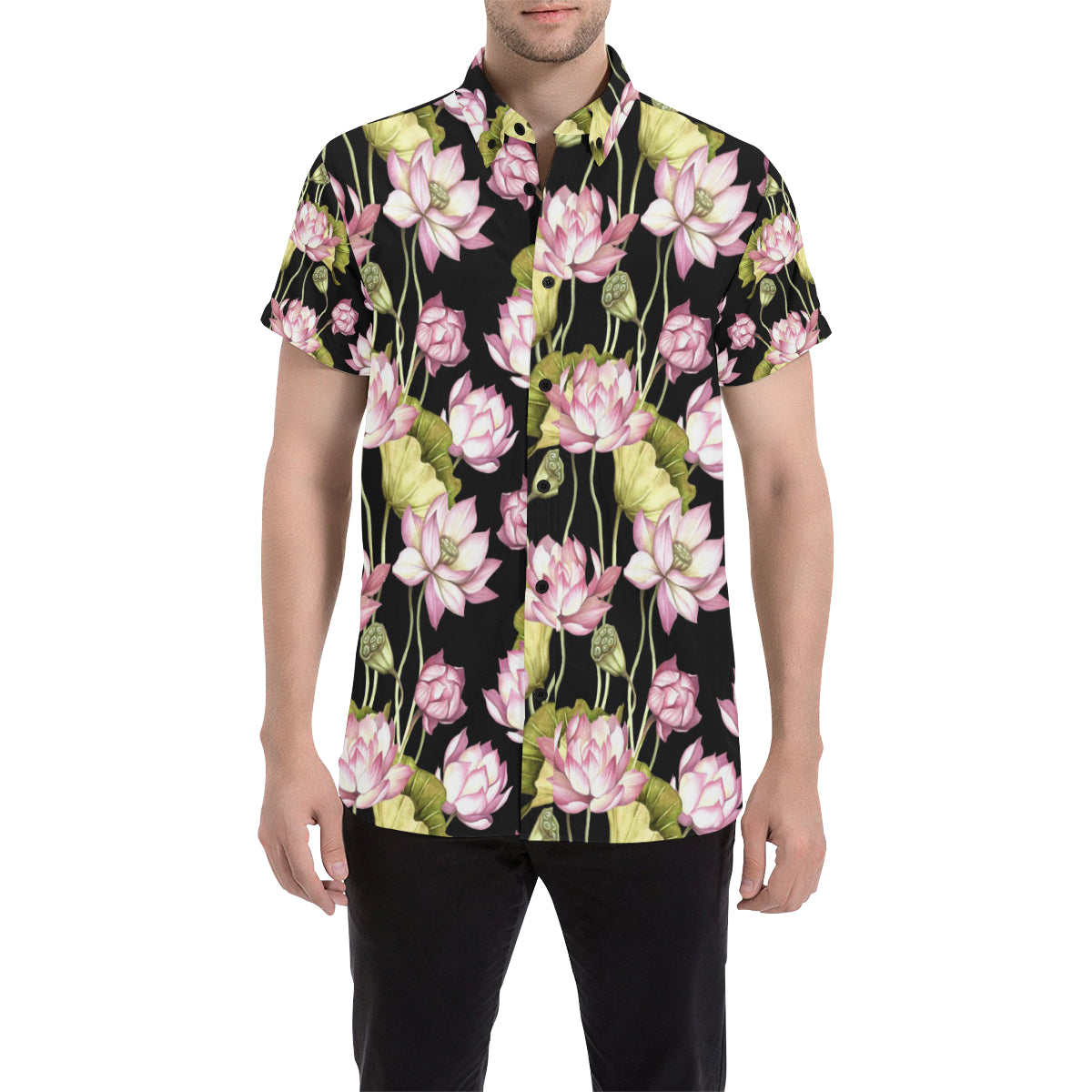 Water Lily Pattern Print Design WL06 Men's Short Sleeve Button Up Shirt