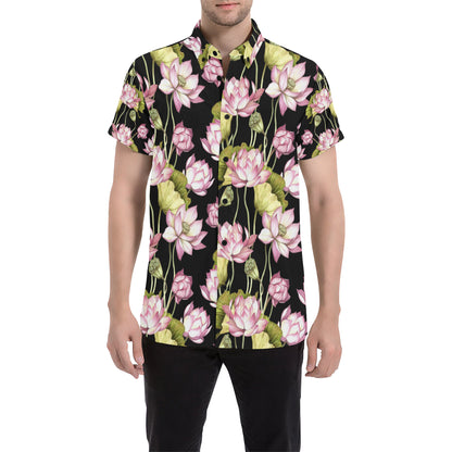 Water Lily Pattern Print Design WL06 Men's Short Sleeve Button Up Shirt