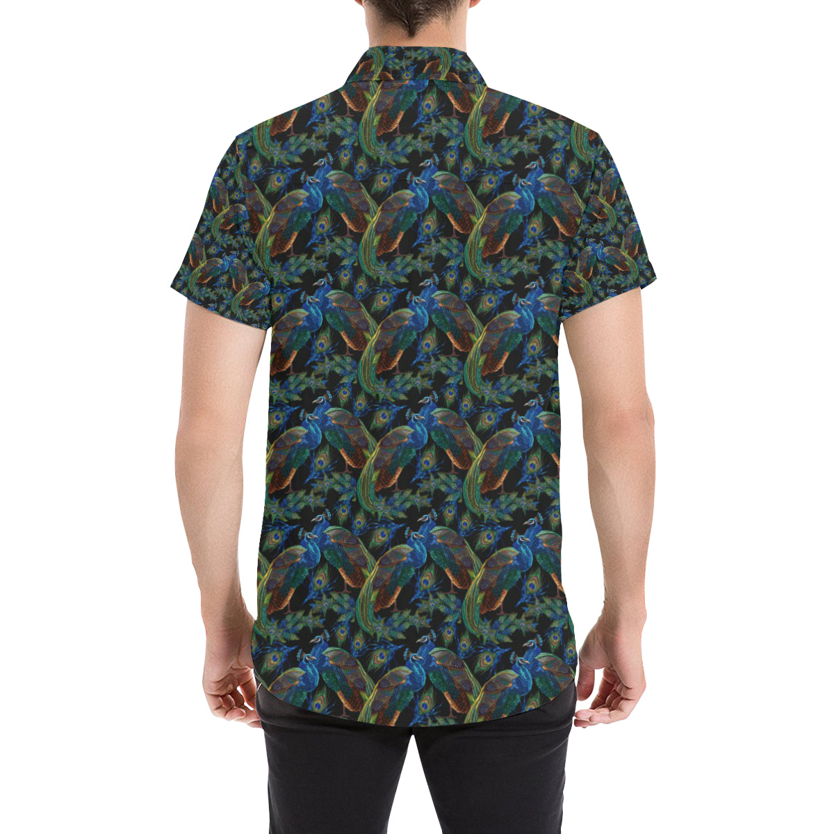 Peacock Themed Design Print Men's Short Sleeve Button Up Shirt