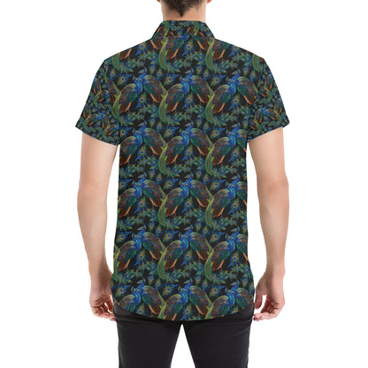 Peacock Themed Design Print Men's Short Sleeve Button Up Shirt