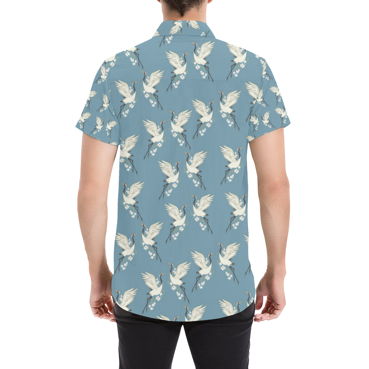 Crane Pattern Print Design 05 Men's Short Sleeve Button Up Shirt