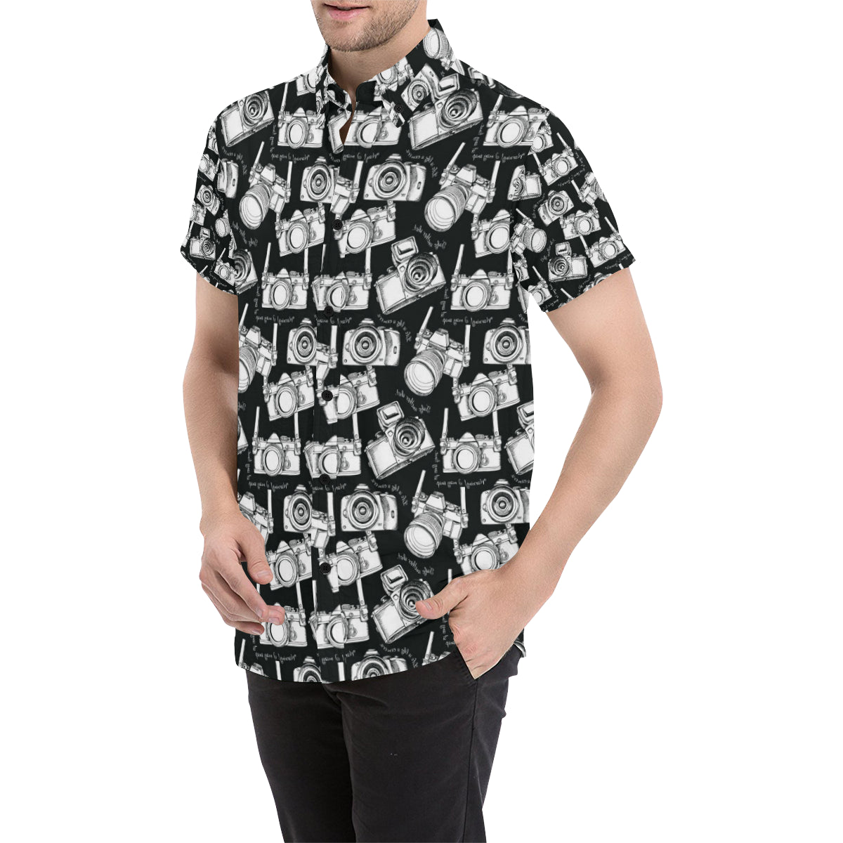 Camera Pattern Print Design 01 Men's Short Sleeve Button Up Shirt