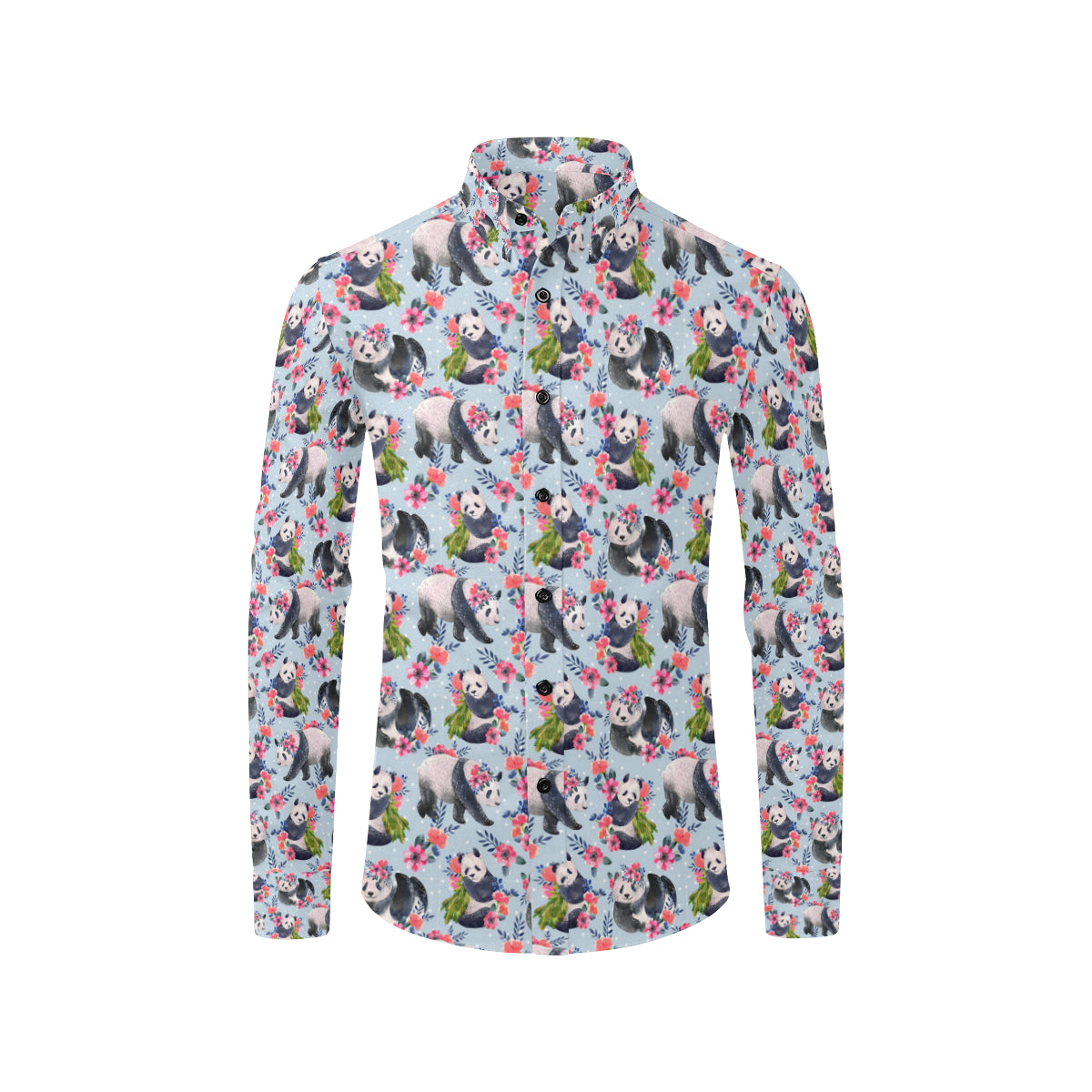 Panda Bear Flower Design Themed Print Men's Long Sleeve Shirt