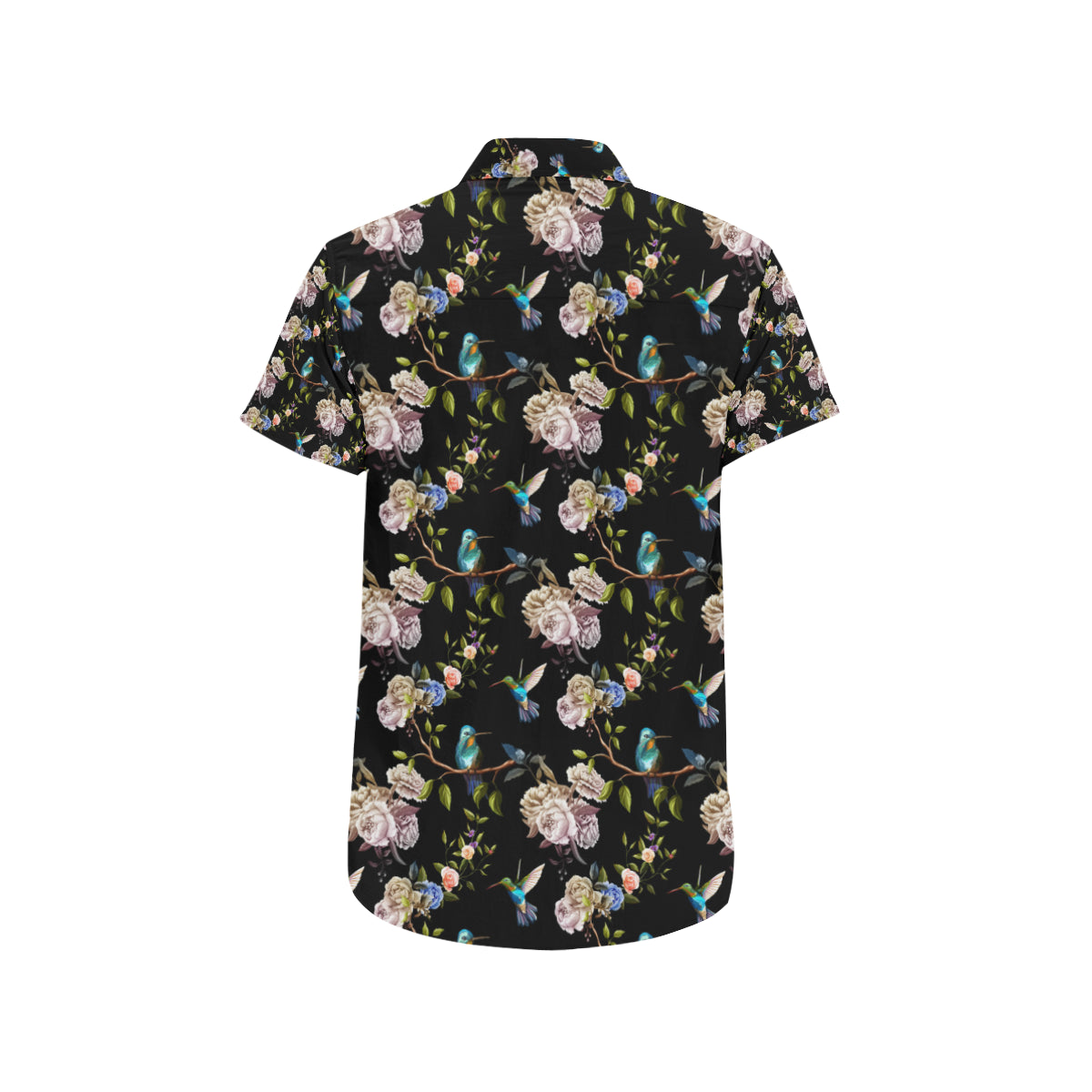 Hummingbird Flower Themed Print Men's Short Sleeve Button Up Shirt