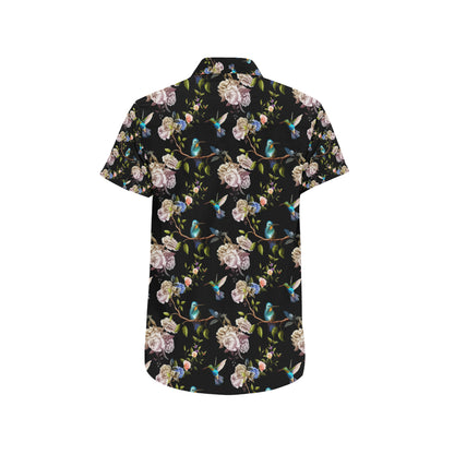Hummingbird Flower Themed Print Men's Short Sleeve Button Up Shirt