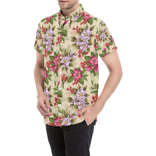 Summer Floral Pattern Print Design SF08 Men's Short Sleeve Button Up Shirt
