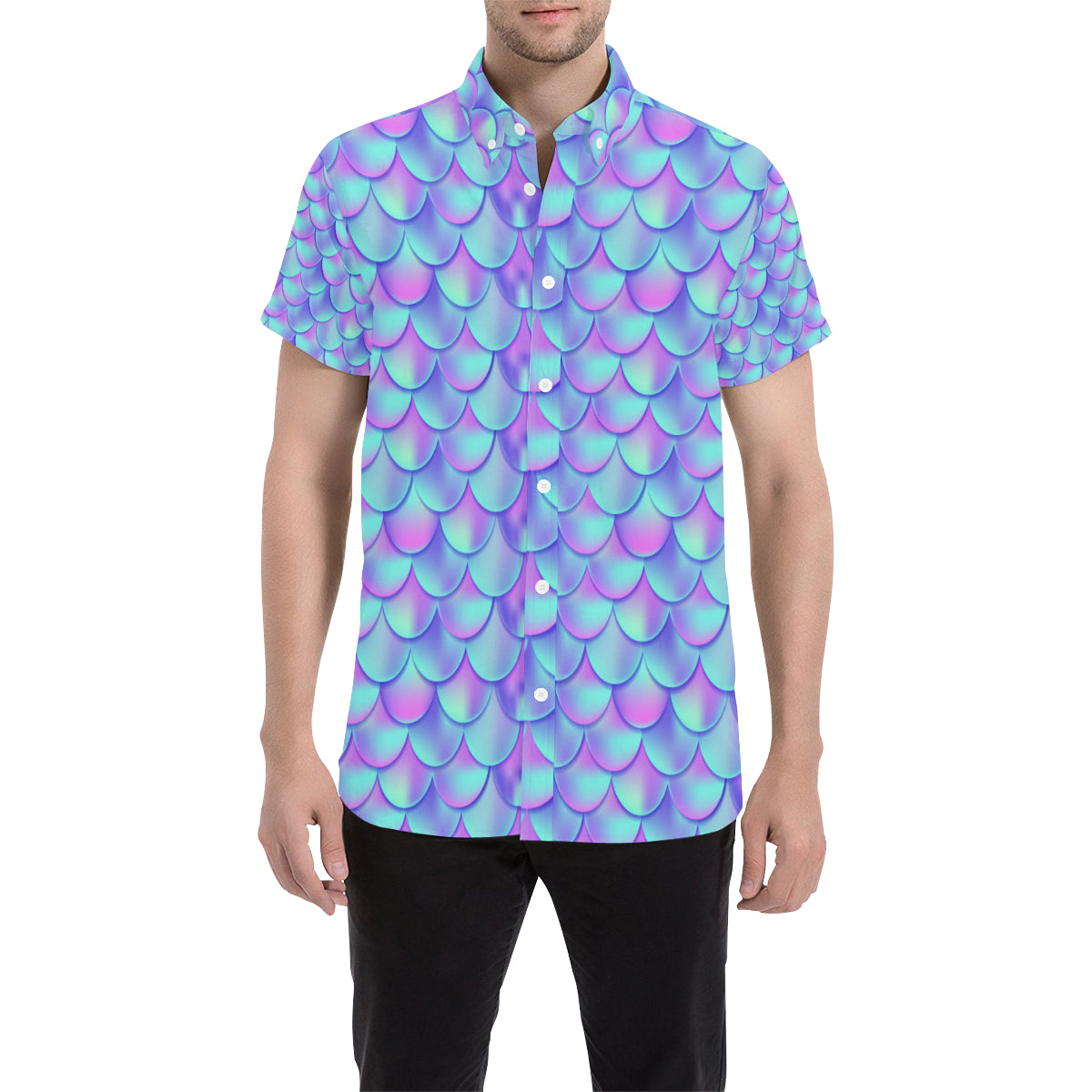 Mermaid Tail Design Print Pattern Men's Short Sleeve Button Up Shirt