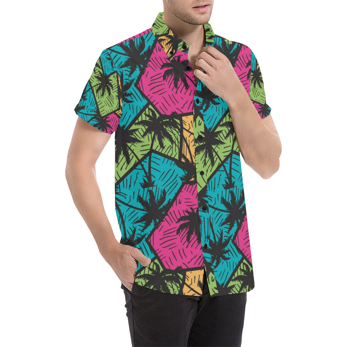 Palm Tree Pattern Print Design PT09 Men's Short Sleeve Button Up Shirt
