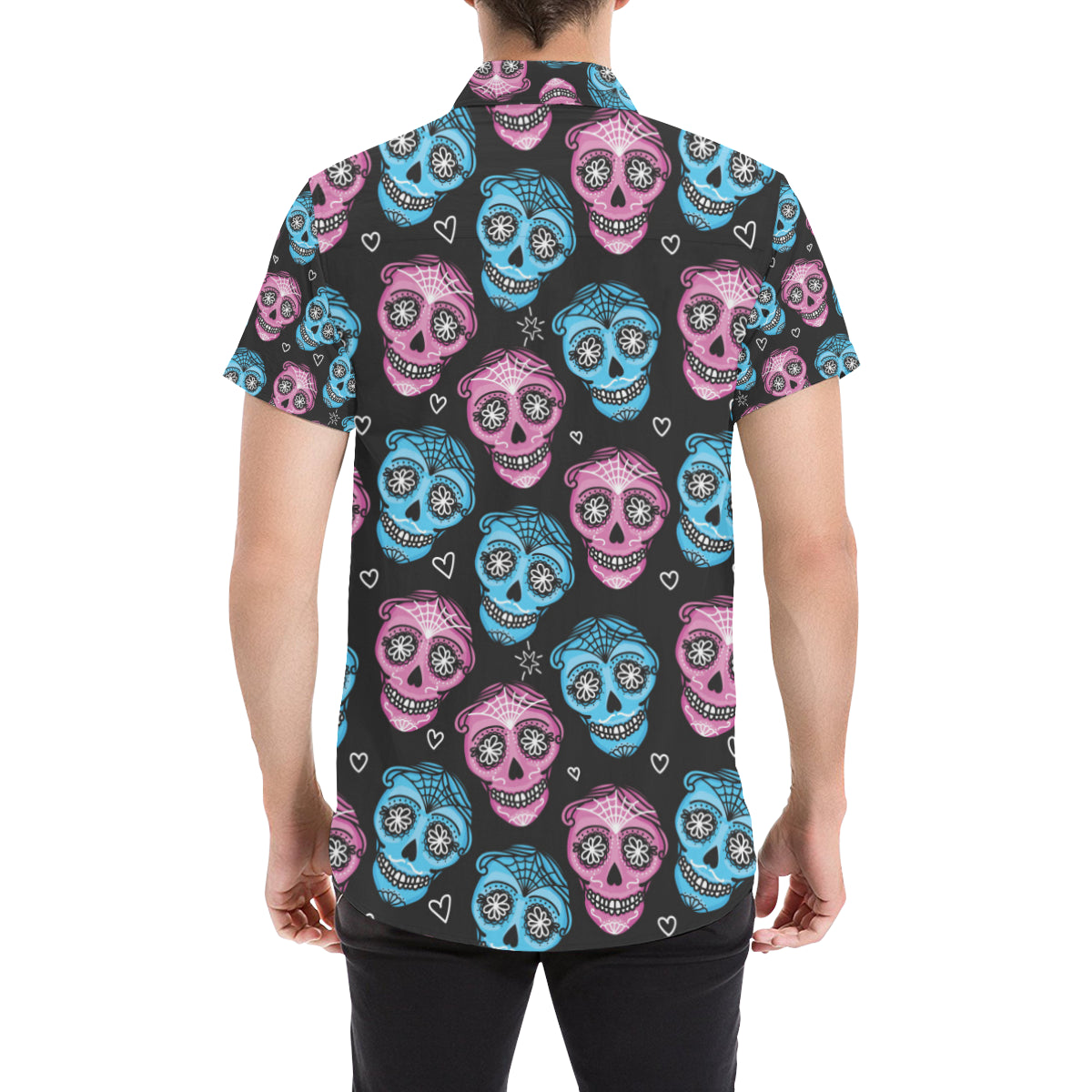 Day of the Dead Skull Print Pattern Men's Short Sleeve Button Up Shirt