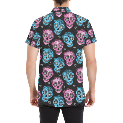 Day of the Dead Skull Print Pattern Men's Short Sleeve Button Up Shirt