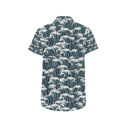 Surf Wave Pattern Print Men's Short Sleeve Button Up Shirt
