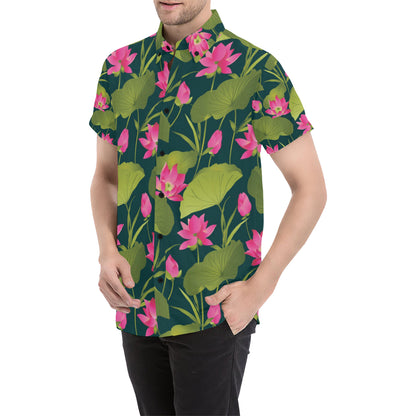 Water Lily Pattern Print Design WL09 Men's Short Sleeve Button Up Shirt