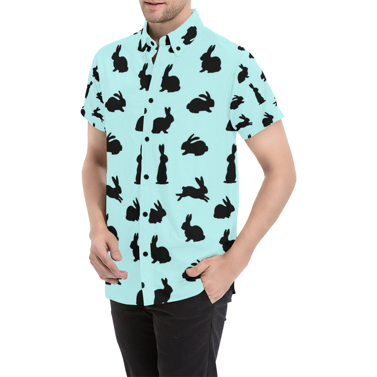 Rabbit Pattern Print Design RB010 Men's Short Sleeve Button Up Shirt