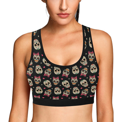 Sugar Skull Pink Bow Themed Print Sports Bra