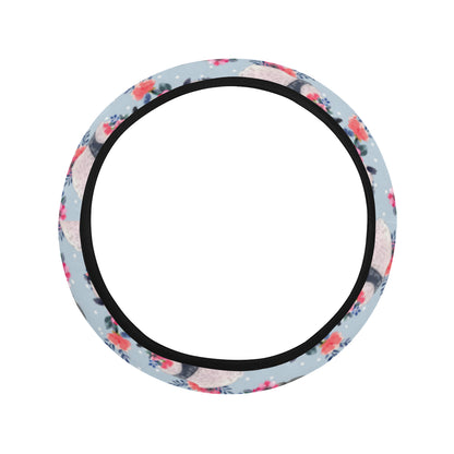 Panda Bear Flower Design Themed Print Steering Wheel Cover with Elastic Edge
