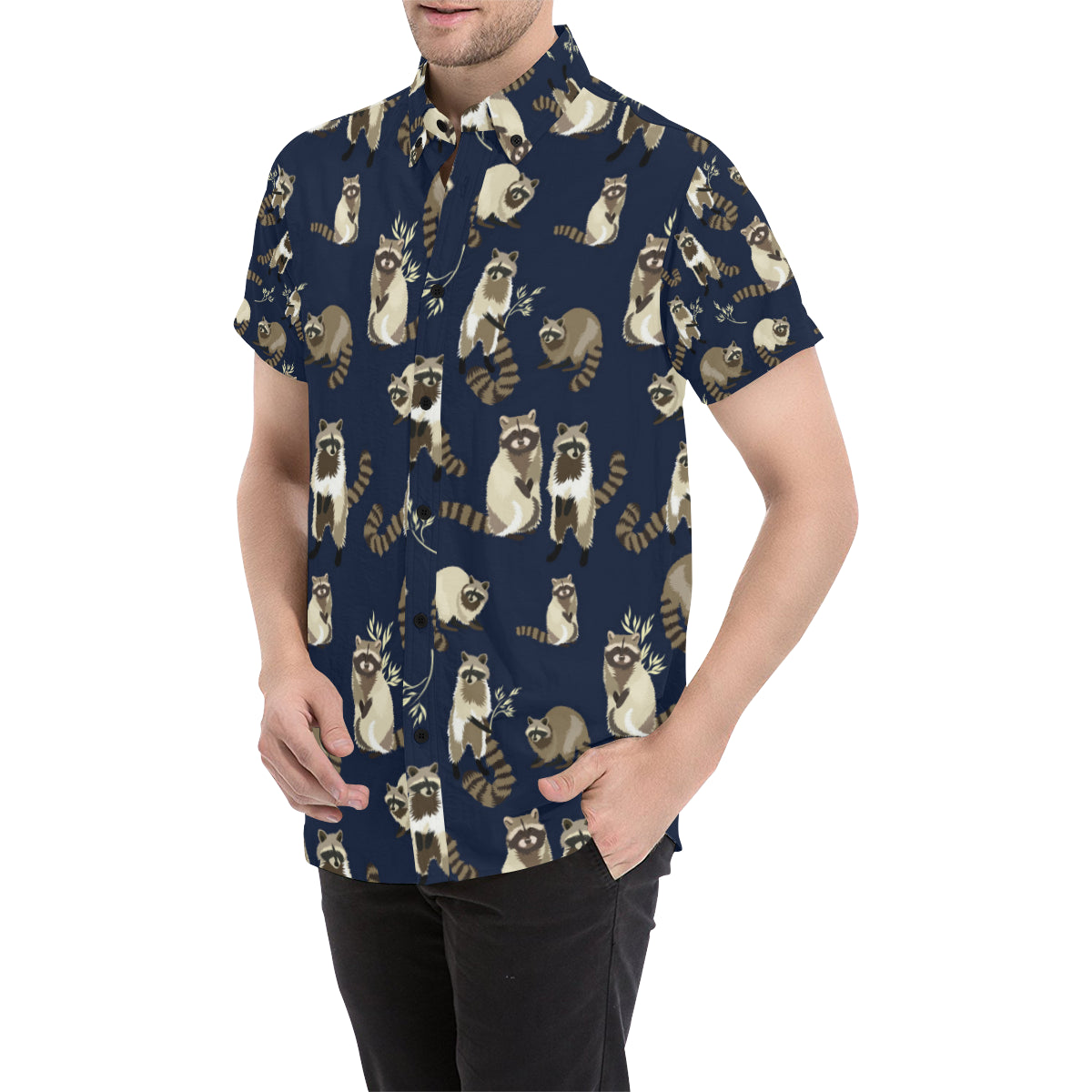 Raccoon Pattern Print Design A06 Men's Short Sleeve Button Up Shirt