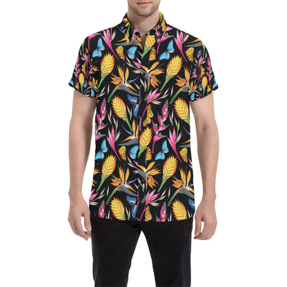 Tropical Flower Pattern Print Design TF016 Men's Short Sleeve Button Up Shirt