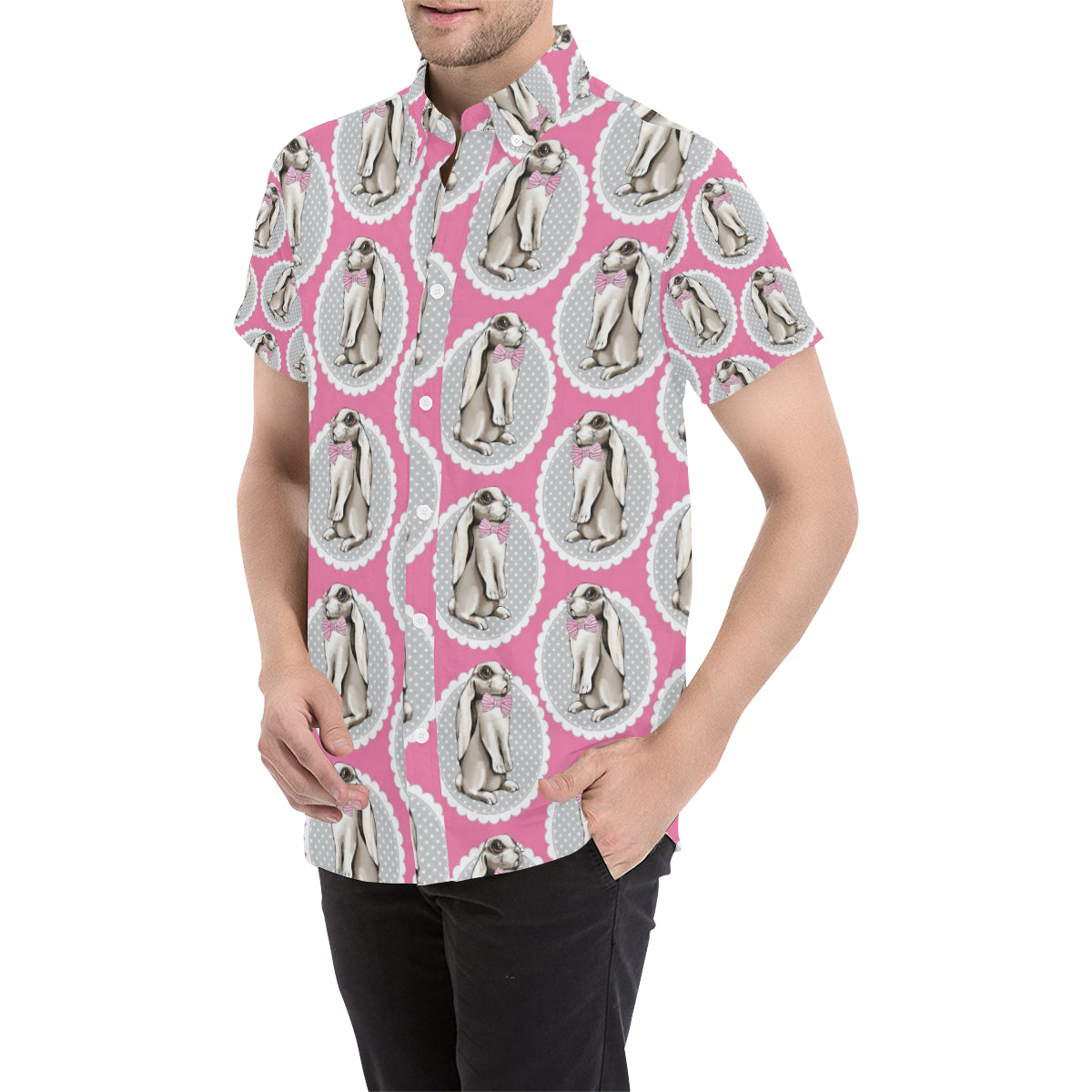 Rabbit Pattern Print Design RB019 Men's Short Sleeve Button Up Shirt